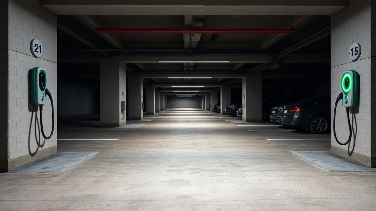 Garagem de condomínio com carregadores de carro elétrico instalados nas colunas