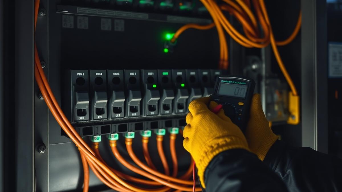 Eletrotécnico medindo disjuntores em quadro de distribuição com multímetro