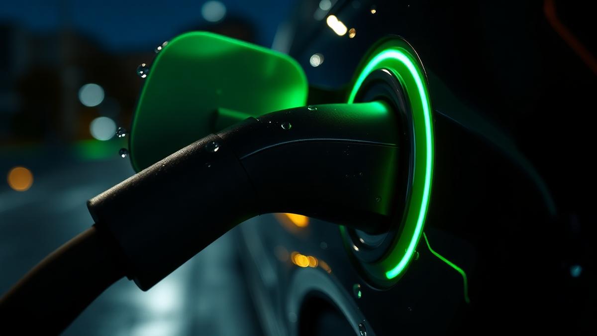 Conector de recarga plugado em carro elétrico com anel de luz verde à noite
