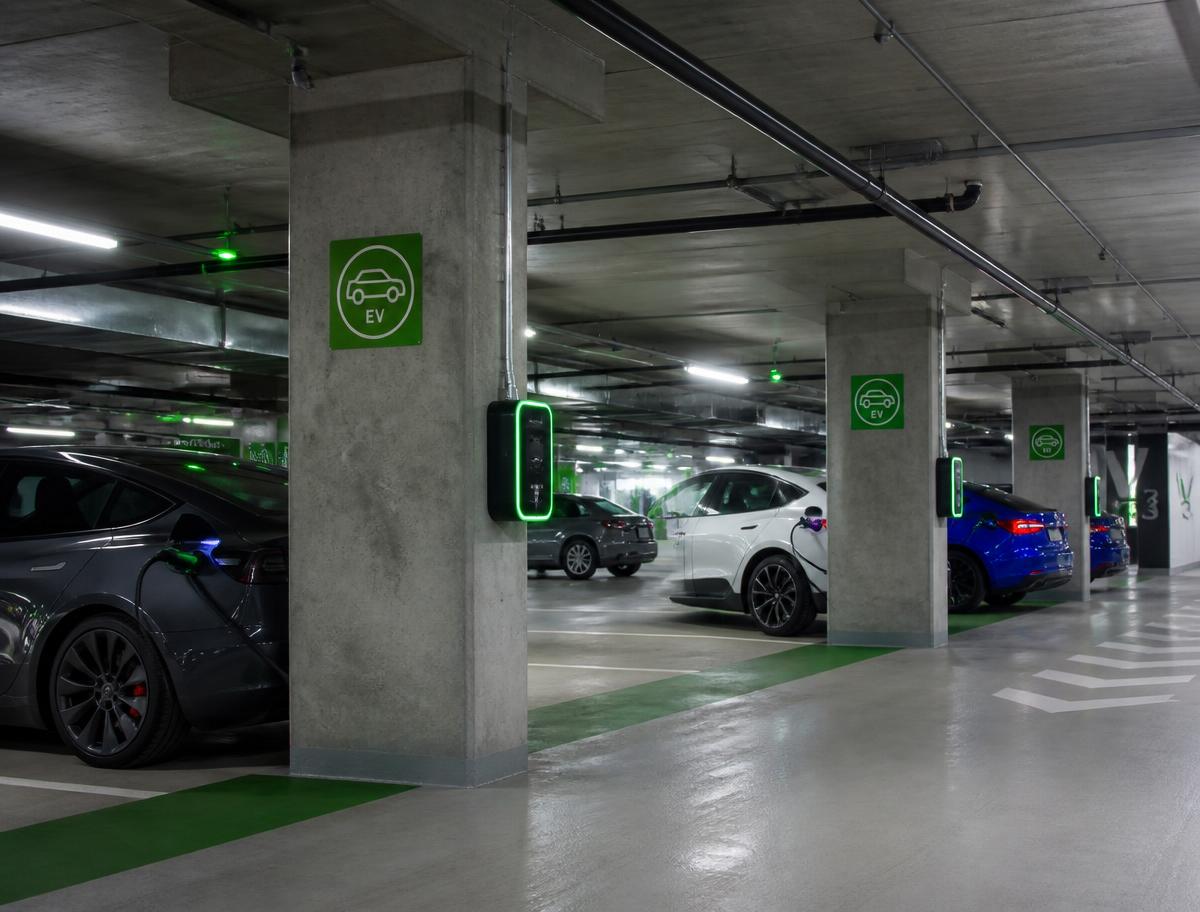 Estacionamento de condomínio com vários pontos de recarga para carros elétricos