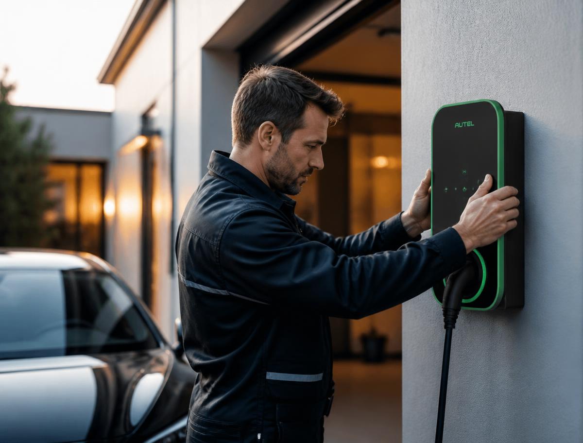 Eletrotécnico da GO WALLBOX instalando carregador wallbox em garagem residencial